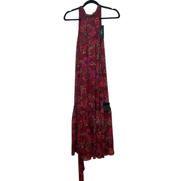 NWT Lulus Standout Aesthetic Red Floral Lurex Halter Tiered Midi Dress small - Picture 3 of 10